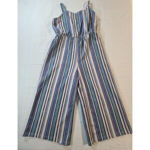 Beautiees Girls Striped Capri Jumpsuit Sz 7 Blue White Sleeveless Romper Pockets
